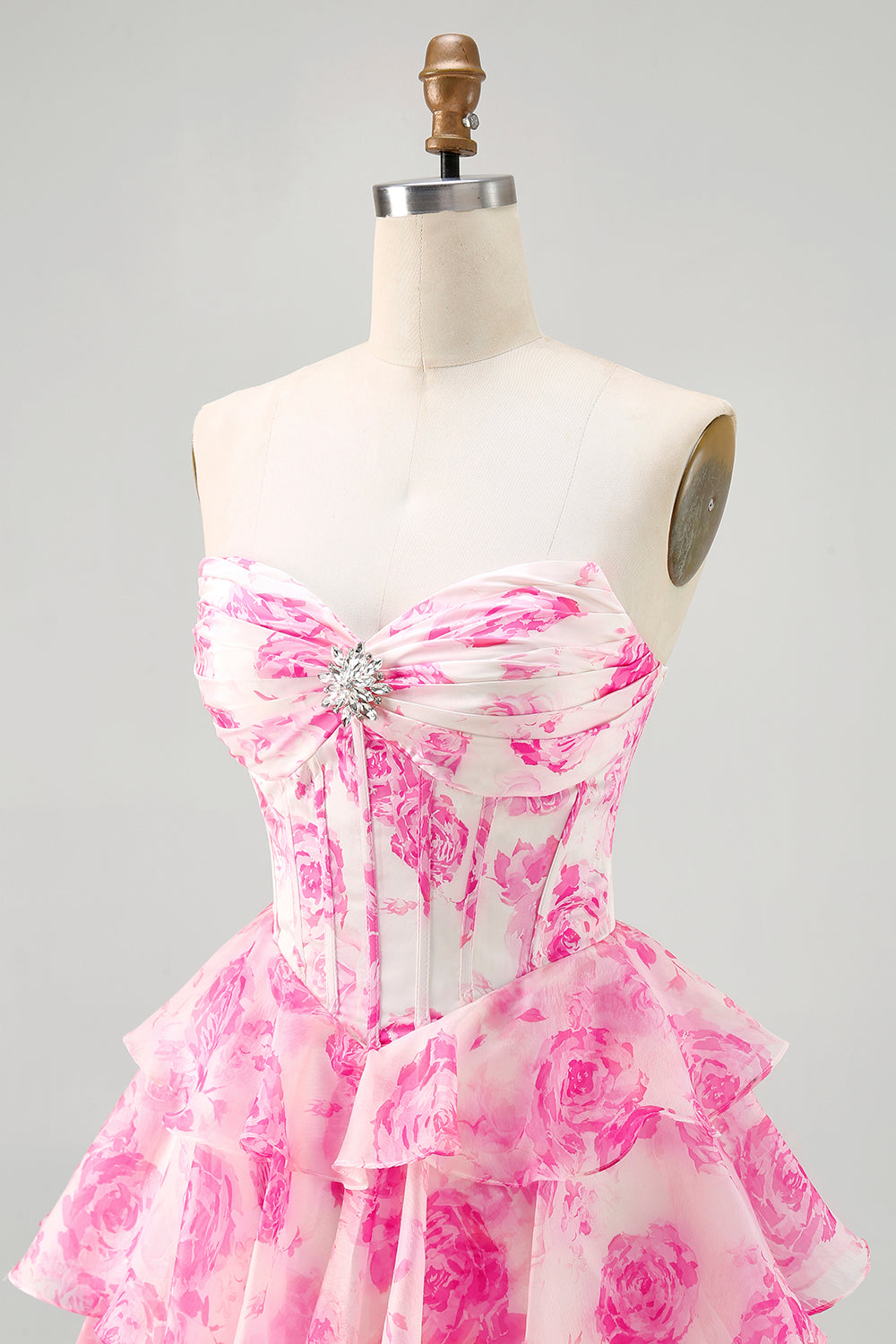 Sparkly Fuchsia Floral Short Corset Homecoming Dress with Rhinestones