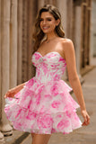 Sparkly Fuchsia Floral Corset A Line Tiered Short Homecoming Dress