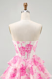 Sparkly Fuchsia Floral Short Corset Homecoming Dress with Rhinestones