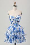 Sparkly Fuchsia Floral Corset A Line Tiered Short Homecoming Dress