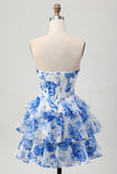 Sparkly Fuchsia Floral Corset A Line Tiered Short Homecoming Dress