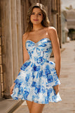 Sparkly Fuchsia Floral Corset A Line Tiered Short Homecoming Dress