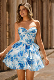 Sparkly Fuchsia Floral Corset A Line Tiered Short Homecoming Dress