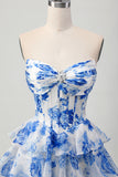 Sparkly Fuchsia Floral Short Corset Homecoming Dress with Rhinestones