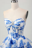 Sparkly Fuchsia Floral Short Corset Homecoming Dress with Rhinestones