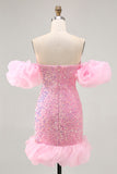 Sparkly Pink Sequins Detachable Puff Sleeves Tight Short Homecoming Dress