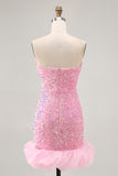 Sparkly Pink Sequins Detachable Puff Sleeves Tight Short Homecoming Dress