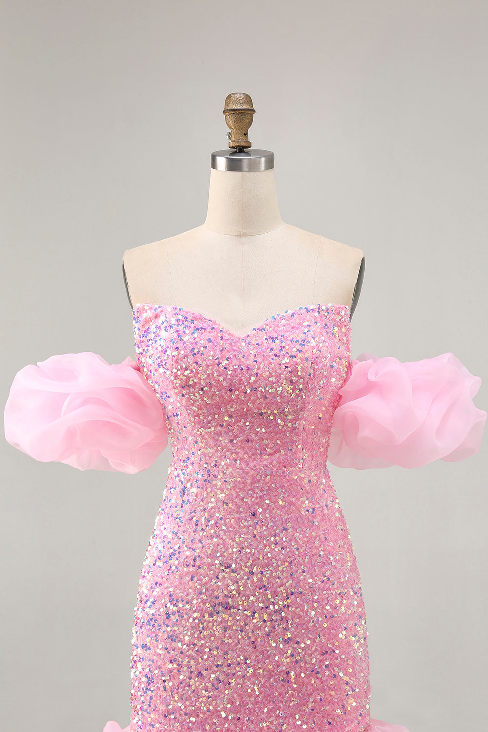 Sparkly Pink Sequins Detachable Puff Sleeves Tight Short Homecoming Dress