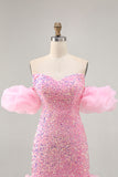 Sparkly Pink Sequins Detachable Puff Sleeves Tight Short Homecoming Dress