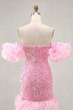 Sparkly Pink Sequins Detachable Puff Sleeves Tight Short Homecoming Dress
