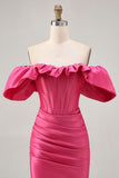 Fuchsia Tight Satin Short Corset Homecoming Dress with Ruffles