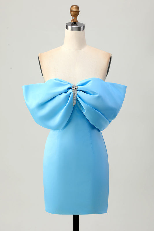 Sparkly Blue Tight Satin Off the Shoulder Short Homecoming Dress with Bow