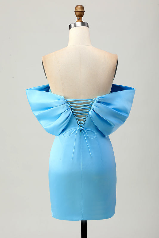 Sparkly Blue Tight Satin Off the Shoulder Short Homecoming Dress with Bow