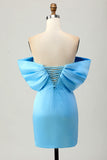 Sparkly Blue Tight Satin Off the Shoulder Short Homecoming Dress with Bow