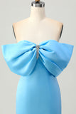 Sparkly Blue Tight Satin Off the Shoulder Short Homecoming Dress with Bow