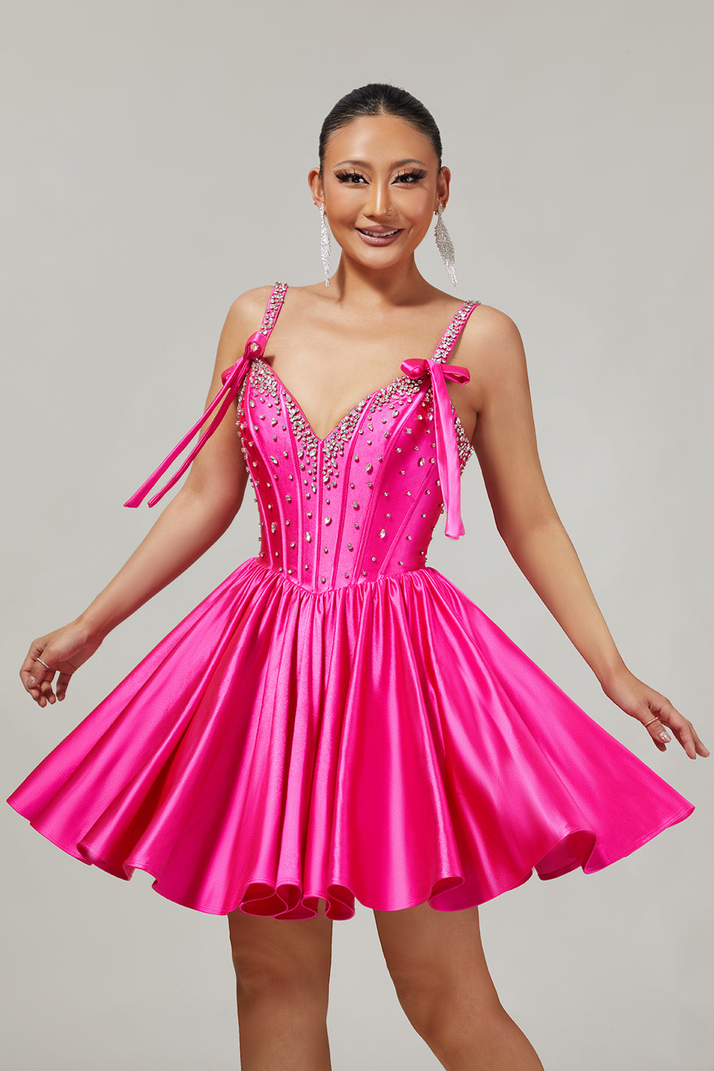 Sparkly Fuchsia Short Corset Homecoming Dress with Rhinestones