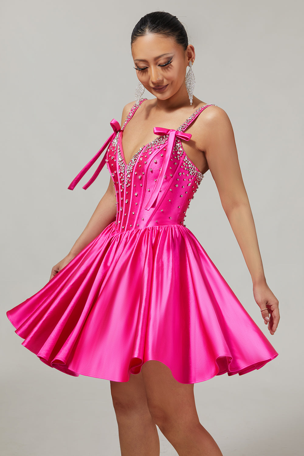 Sparkly Fuchsia Short Corset Homecoming Dress with Rhinestones