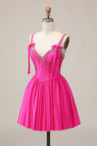 Sparkly Fuchsia Short Corset Homecoming Dress with Rhinestones