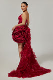 Burgundy Satin Tight Short Homecoming Dress with 3D Flower