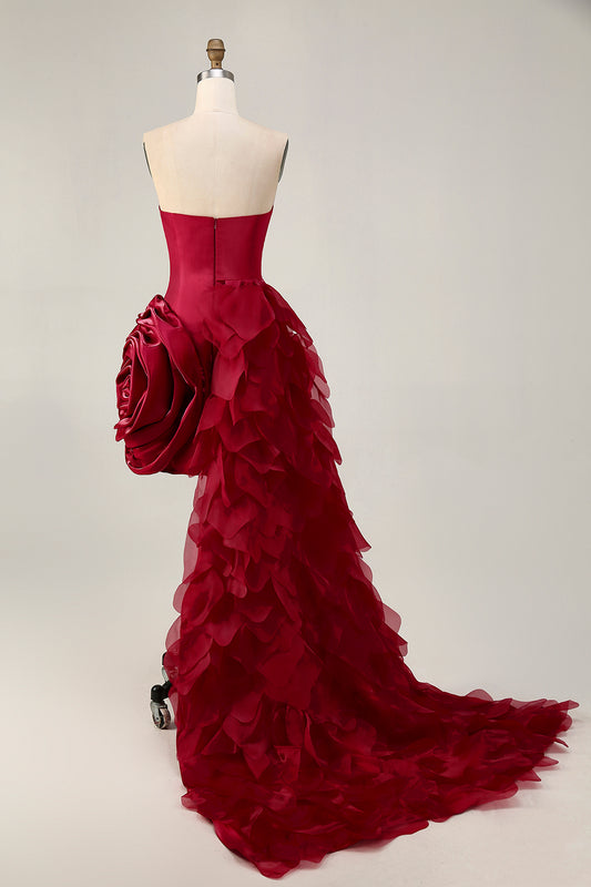 Burgundy Satin Tight Short Homecoming Dress with 3D Flower