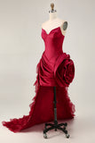 Burgundy Satin Tight Short Homecoming Dress with 3D Flower
