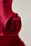Burgundy Satin Tight Short Homecoming Dress with 3D Flower