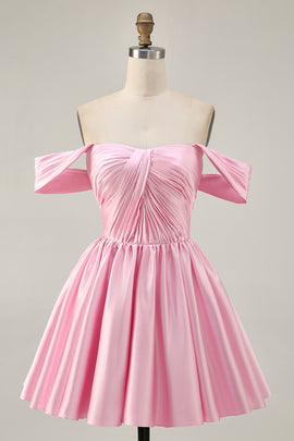 Pink Off the Shoulder Satin A Line Short Homecoming Dress