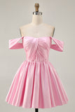 Pink Off the Shoulder Satin A Line Short Homecoming Dress