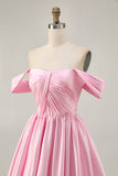 Pink Off the Shoulder Satin A Line Short Homecoming Dress