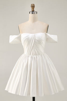 White Satin Off the Shoulder A Line Short Homecoming Dress