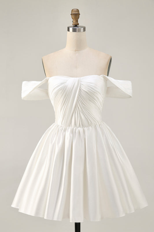 White Satin Off the Shoulder A Line Short Homecoming Dress