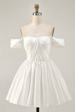 Pink Off the Shoulder Satin A Line Short Homecoming Dress