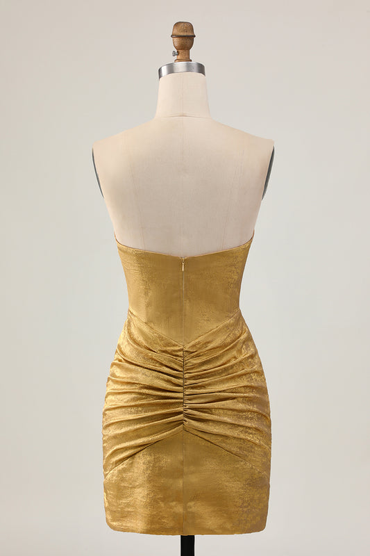 Sparkly Golden Strapless Short Tight Homecoming Dress with Beading