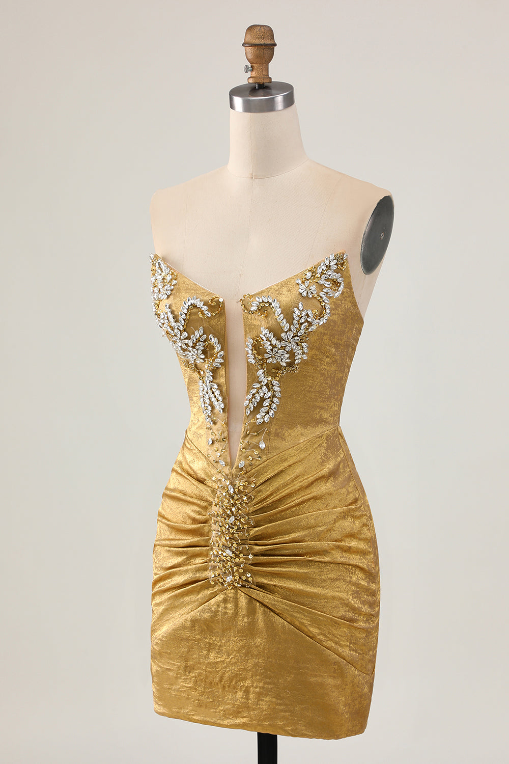 Sparkly Golden Strapless Short Tight Homecoming Dress with Beading