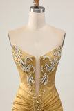 Sparkly Golden Strapless Short Tight Homecoming Dress with Beading