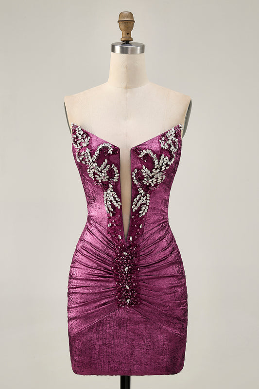 Sparkly Wine Tight Strapless Metallic Short Homecoming Dress with Beading
