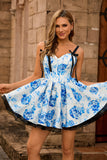 White Blue Corset Floral A Line Short Homecoming Dress with Bow