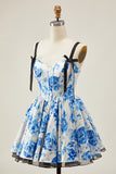 White Blue Corset Floral A Line Short Homecoming Dress with Bow