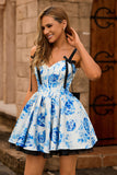 White Blue Corset A Line Floral Short Homecoming Dress with Bow