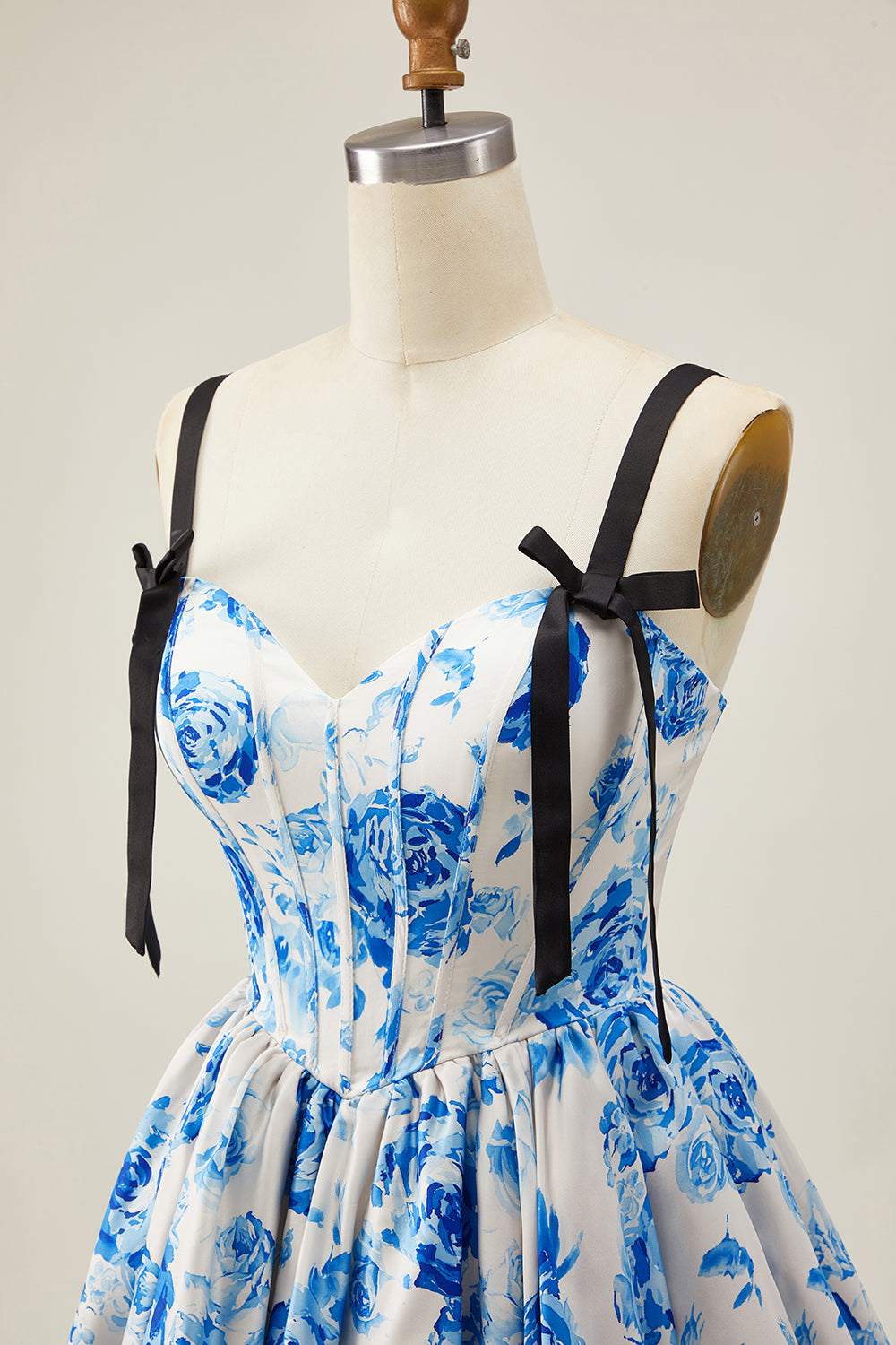 White Blue Corset Floral A Line Short Homecoming Dress with Bow