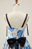 White Blue Corset Floral A Line Short Homecoming Dress with Bow