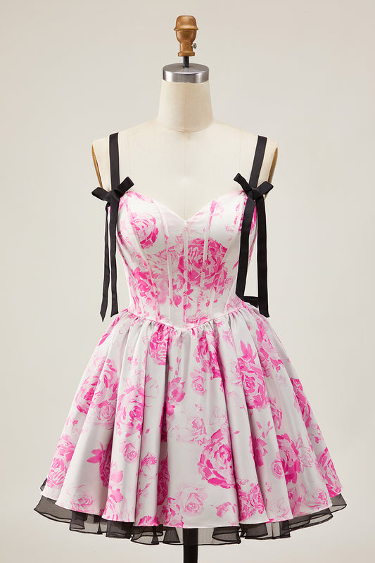 White Fuchsia A Line Corset Floral Short Homecoming Dress with Bow