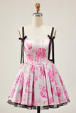 White Blue Corset Floral A Line Short Homecoming Dress with Bow