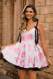 White Blue Corset Floral A Line Short Homecoming Dress with Bow