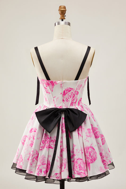 White Fuchsia A Line Corset Floral Short Homecoming Dress with Bow