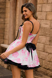 White Blue Corset Floral A Line Short Homecoming Dress with Bow