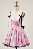 White Blue Corset Floral A Line Short Homecoming Dress with Bow