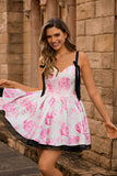 White Blue Corset A Line Floral Short Homecoming Dress with Bow