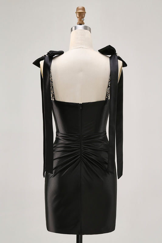 Sparkly Black Satin Tight Short Homecoming Dress with Rhinestones