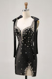 Sparkly Black Satin Tight Short Homecoming Dress with Rhinestones